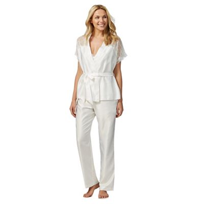 Ivory satin lace trim three piece pyjama set